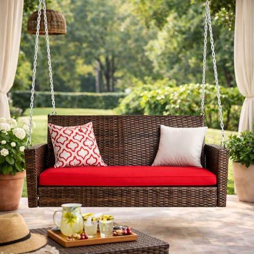 Image of Carry Bird Rattan Wicker Two Seater Swings with Cushion, Brown, 120x60x60 cm, Garden Porch Hammock for Adults (Red Cushion, 2 Seater Prouch Swing, Leather Brown Prouch Swing)
