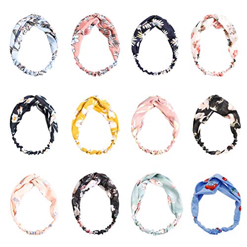 LZYMSZ 12PCS Floral Print Headwrap,Bobo Headbands with Vintage Printed,Criss Cross Knotted Hair Band Yoga Head Wraps Sports Elastic Twist Turban for Women Girls (color-3)