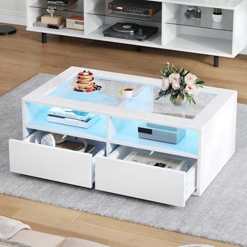 OKMYHOME Table Basse 100×50×35 cm - LED Intégrée avec 2 Tiroirs Et Rangement Ouvert, Double...