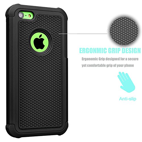 Tekcoo Iphone 5C Case, [Tmajor Series] [Black/Black] Shock Absorbing Hybrid Impact Defender Rugged Slim Case Cover Shell For Apple Iphone 5C Hard Plastic Outer + Rubber Silicone Inner #TOP1