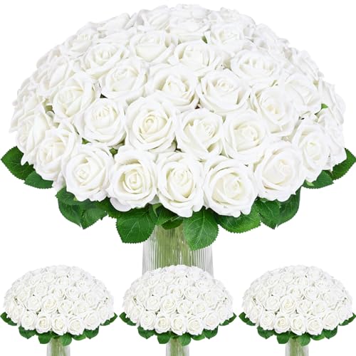 100 Pcs White Roses Artificial Flowers, Real Touch Velvet Roses Bouquet Fake Flowers Bulk, Artificial Roses with Long Stems for Birthday Gift Women Mom DIY Bridal Wedding Centerpiece Decorations