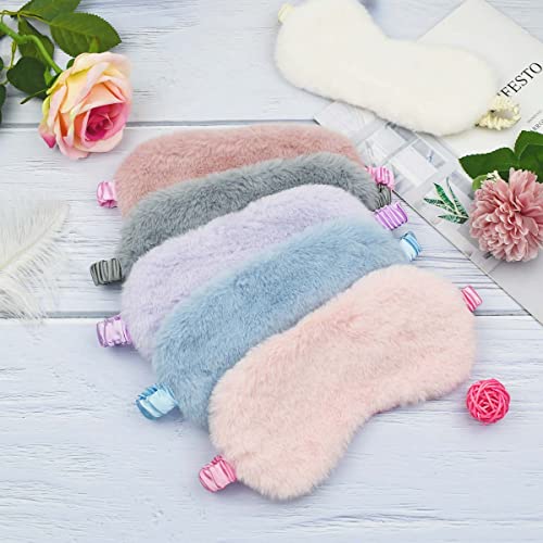 6 Pieces Plush Eye Mask Soft Fluffy Furry Sleeping Blindfold Comfortable Satin Back New Faux Fur Nap Eye Cover Light Sleep Eye Masks for Girls Women Kid Adult Party Eyeshade Favors (6 Colors)