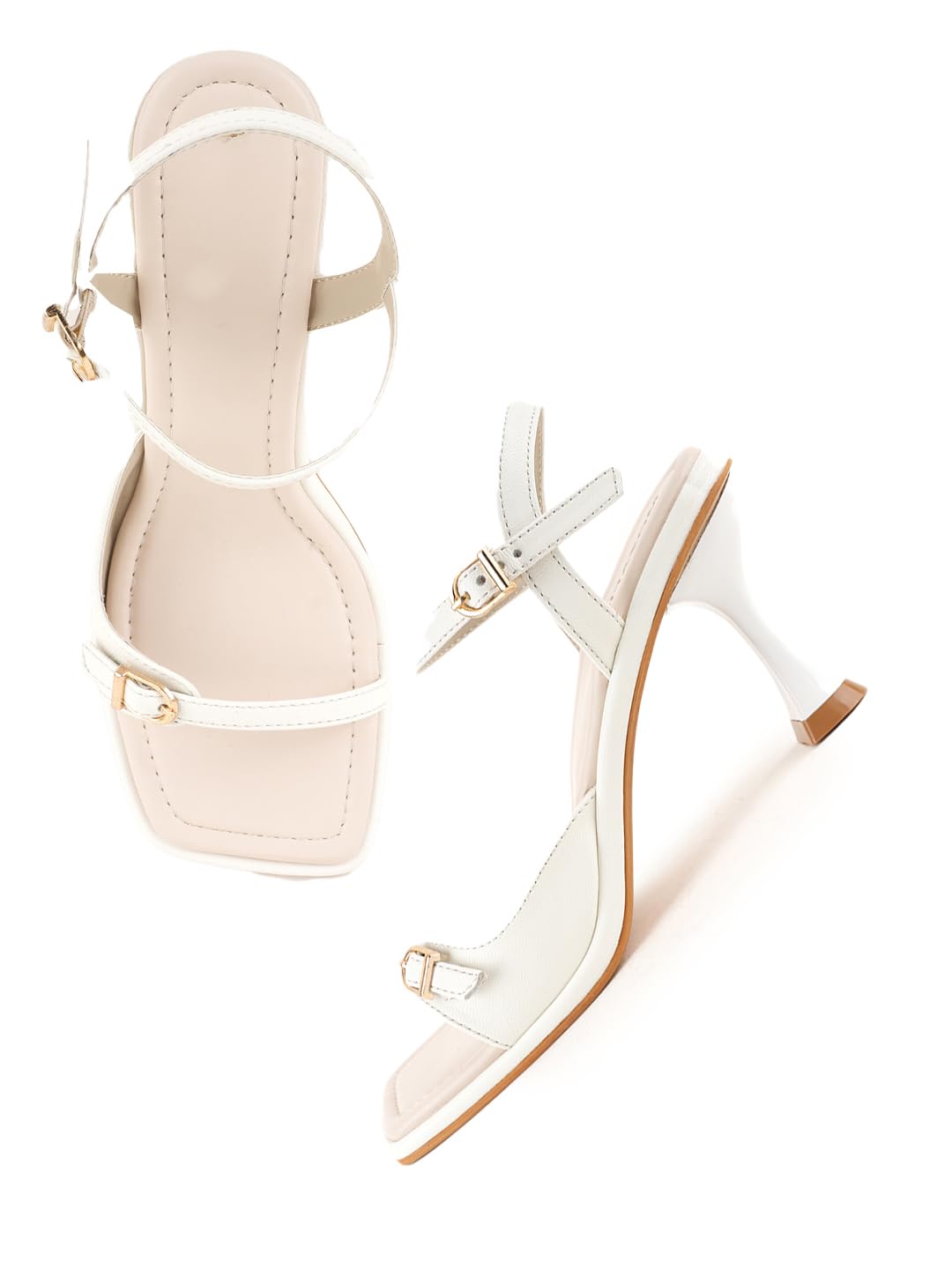 White Dual Buckle Formal Heels - Stacked Strap Block Heel-image-26