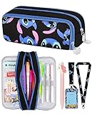 Trendy Fan Trendy Fun Large Pencil Case Big Capacity 3 Compartments Pencil Pouch Cute Cartoon Character Zipper Girls Teens Estuche para Lapices Sticker +Pen+ ID Badge Holder+Lanyard Black-Shidizai