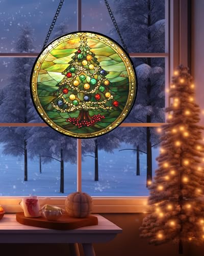 Image of DASTOLL Stained Glass Window Hanging - Green Christmas Tree Gold Ribbon Suncatcher for Doors Home Christmas Decoration Sun Catcher Thanksgiving New Year Birthday Gifts for Women Men Mom Nana 15 in
