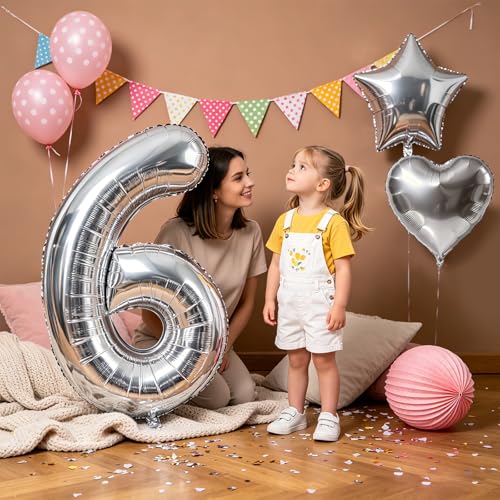 Image of TONIFUL 6th Birthday Balloons Kit 40Inch Silver Large Number 6 Foil Balloon | with 18Inch Helium Mylar Heart Star Balloons for Kids Women Men Birthday Anniversary Graduation New Year Eve Party Decoration
