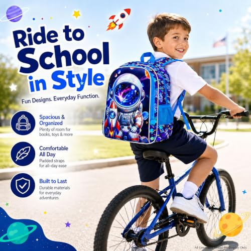 Image of AGSDON 3PCS Astronaut Backpack for Boys, 16 inch Little Kids Preschool Bookbag, Elementary Backpacks and Lunch Box - Blue