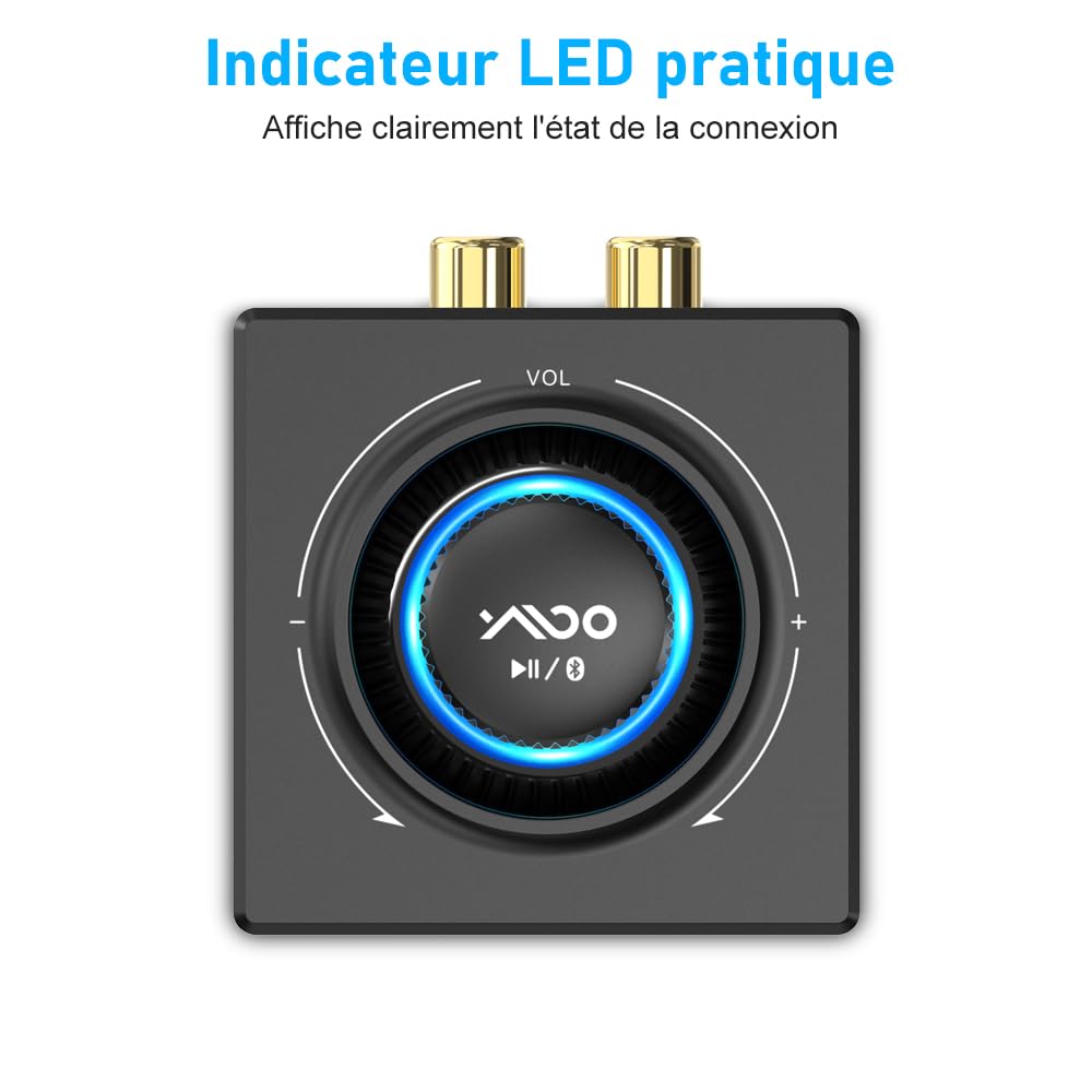 YMOO Recepteur Bluetooth 5.3, RCA 3,5 mm Jack AUX Adaptateur Bluetooth SBC AAC,Stereo Audio HiFi Receiver pour Smartphone, Tablette, Ordinateur Portable, Enceinte Home Cinema,100ft