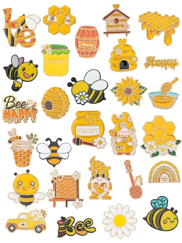 JUNEBRUSHS 28PCS Bee Enamel Pins Cute Yellow Honey Brooch Pins for Bee Theme Birthday Party Classroom Favor Supplies Exchange Gift Clothes Hat Accessories