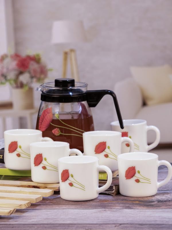 Buy Cello Opalware Tea Set with Glass Pot(Carafe) (Set of 6pcs Mugs