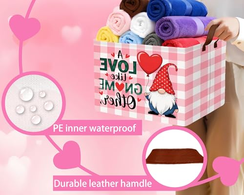 Image of Valentines Day Basket for Kids Heart Shaped Empty Storage Bins for Gifts with Handles Room Decor (Pink Grid Gnome Balloon Love)