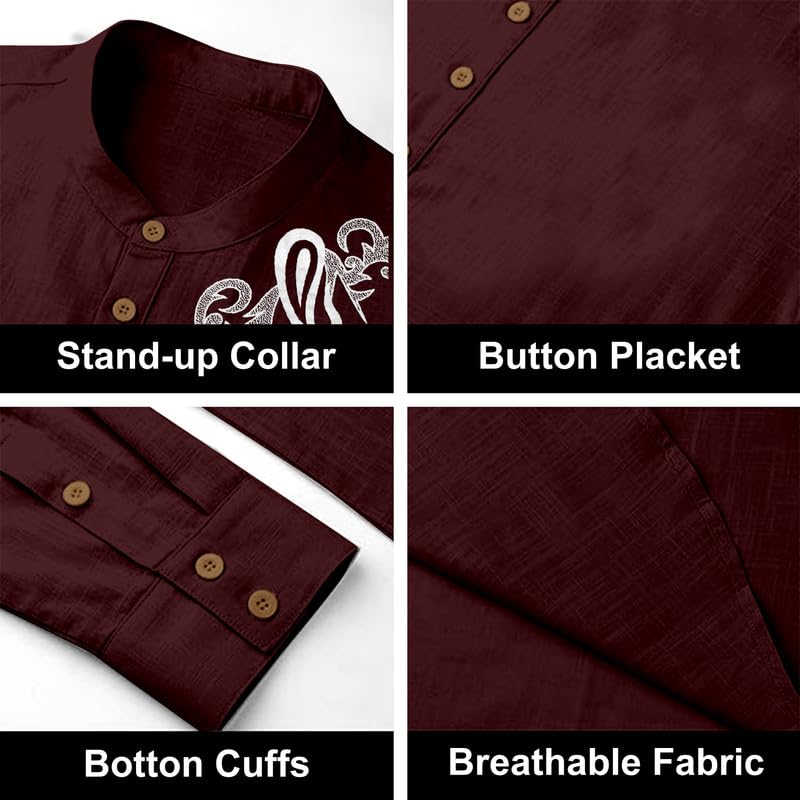 Image of Cotton Blend Self Design Printed Casual Short Kurta for Men Long Sleeve Mandarin Collar Stylish Kurta Shirt for Men