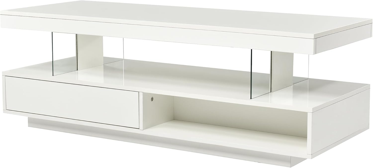 Merax Coffee Table, Rectangular Coffee Table with 2 Drawers and Display Shelves, Modern Cocktail Table with LED Lights & High-Gloss UV Surface, Minimalist Design Center Table for Living Room, White