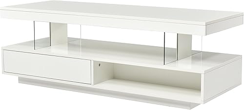 Miniatura 4 de Polibi Mesa de centro LED con almacenamiento, mesa central moderna con 2 cajones y estantes de exhibición, muebles decorativos con luces LED para