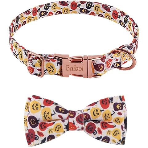 Bnibol Halloween Pumpkin Pattern Dog Collar, Multicolored Bow Tie Dog Collar with Metal Adjustable Buckle,Soft and Comfortable Ghost Dog Collars for Large Dogs. (Black, L) Cover