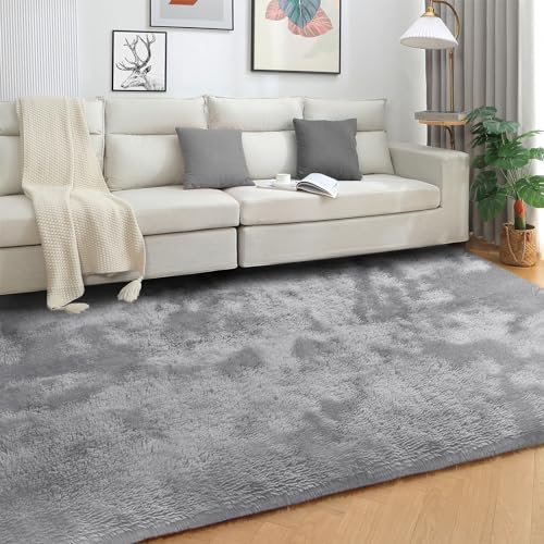 SOANNY Living Room Area Rug, Light Grey Small Soft Fluffy Tie-Dyed Shag Carpet, Non-Slip Washable Rug for Bedroom Dorm - Image 2