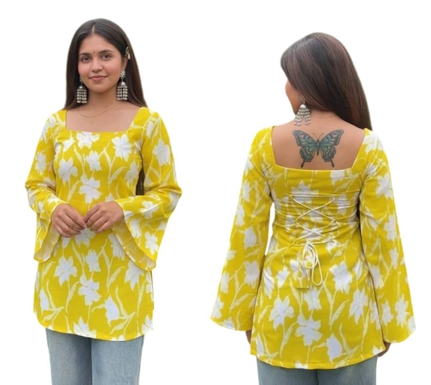 Image of MAHIRA'S Comfort Women's Short Kurti, Rayon Tunic Top with 3 /4 Embroidered Designer Sleeves | Soft Breathable Fabric | Office & Casual Kurti for Jeans, Leggings & Trousers
