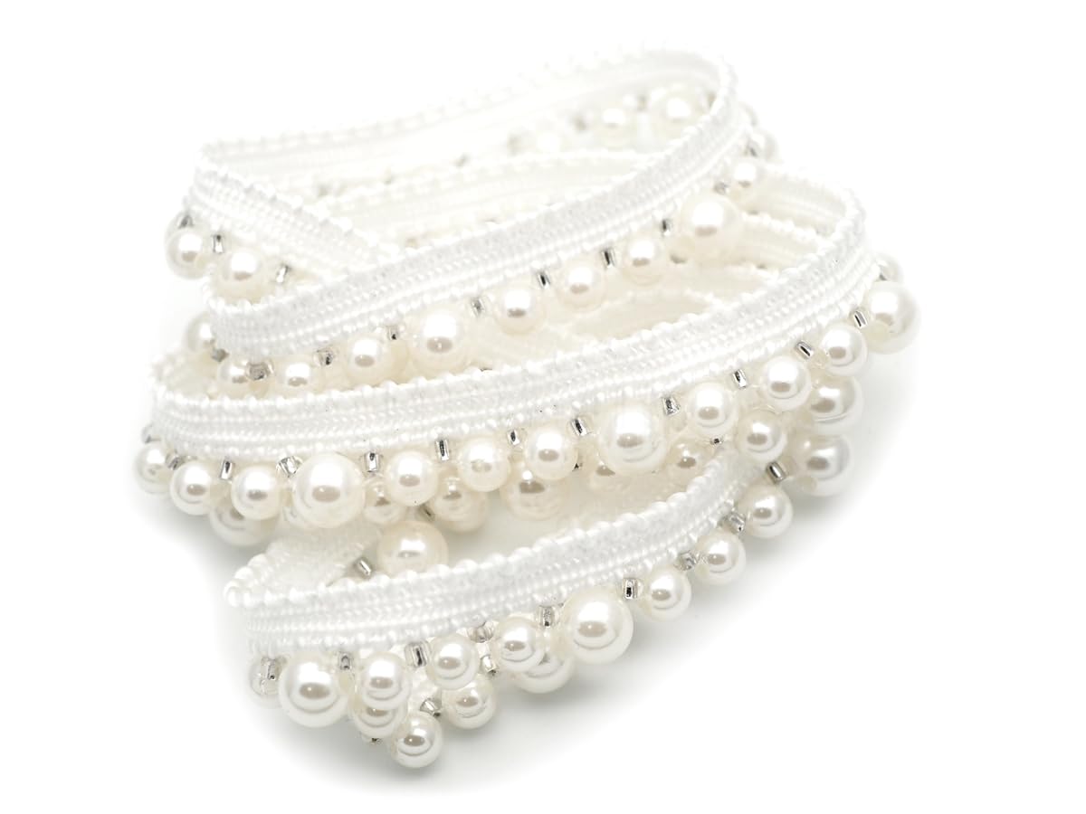 CRAFTMEMORE Pearl Bead Tassel Fringe Lace Trim - 2 Yards, White Edge Embroidered Ribbon For Sewing & Weddings - View #5