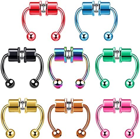 BELLNA Fake Nose Rings, Fake Septum Fake Nose Ring Horseshoe Stainless Steel Magnetic Nose Rings For Women Men Colorful, Fake Nose Rings Septum Rings Non-Pierced Clip On Nose Hoop Rings Jewelry 8pcs
