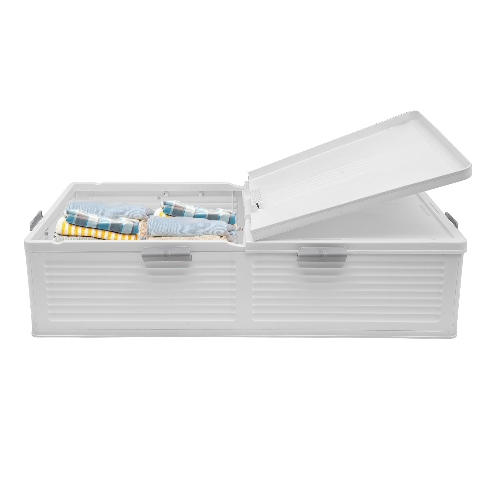 Aufbewahrungsbox mit Deckel 101x51.5x24cm Unterbett-Aufbewahrungsboxen Plastik Boxen Klickverschluss Stapelboxen Aufbewahrungsorganizer für Bettdecken Kleidung (Festes Weiß)