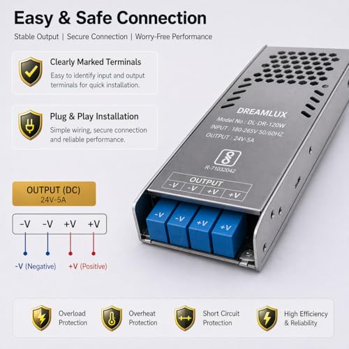 Image of Dreamlux 120W 24V 5A SMPS Power Supply | AC to DC Converter 180-265V Input | Industrial Grade Switching Power Supply with 4kV Surge Protection | Overload, Short Circuit Protection | Made in India (3)