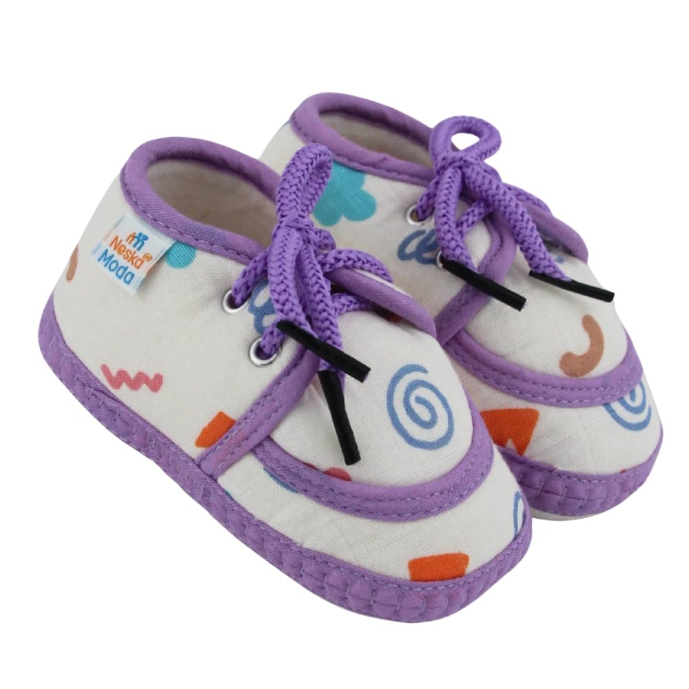 neska moda 6 To 12 Months Baby Boys & Baby Girls Flower & Circle Muslin White,Purple Hook & Loop Shoe Booties-BT5564-picture-3