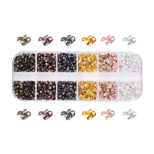 PH PandaHall 720pcs 6 Color Fold Clamshell Bead End Tips with Double Loop Hide Knots & Crimp Beads Open Clamshell Crimp Bead Tips End Cap Knot Cover for Jewelry Craft Making, 6x3.5mm