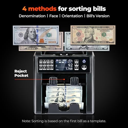 Image of MUNBYN IMC08 Dual Money Counter Machine Mixed Denomination with Reject Pocket, Value Counting, Counterfeit Detection 2 CIS /UV /MG /IR, Sort&Print Enabled Cash Counter, Mixed Bill Counter (Black)