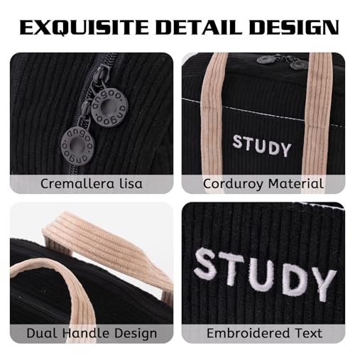 Image of EASTHILL Corduroy Hand-held Pencil Case Large Cute Pencil Pouch Stationery Pen Bag for Teen Girls-Black