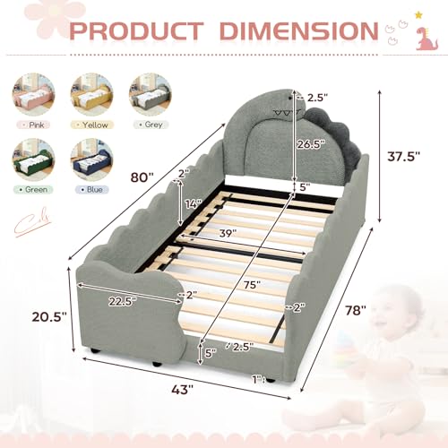Image of Twin Size Kids Floor Bed Frame, Upholstered Montessori Platform Bed Cute Dinosaur-Shaped Daybed Frame for Girls Boys, No Box Spring Required, Grey