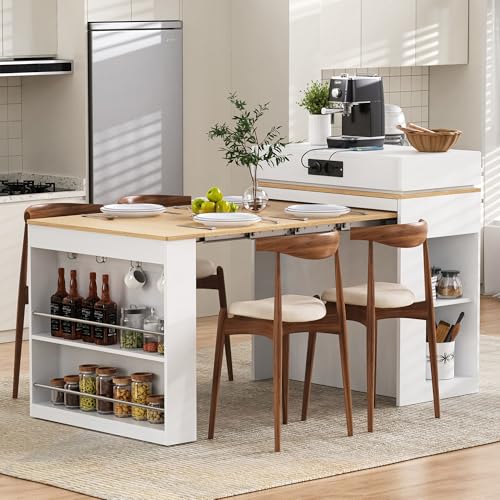 Table de bar extensible avec espace de rangement,ilot central cuisine, table de bistrot, ilot central cuisine avec rangement et plan de travail, petite table de cuisine,de buffet, table de bar,Blanc