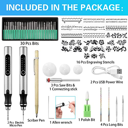 Jutom 2 Pcs Usb Rechargeable Engraving Pen With Bits Cordless Engraving Machine Electric Mini Metal Engraving Tools Diy Rotary Engraver For Jewelry Wood Glass Stone Ceramic Plastic (Silver) #TOP1