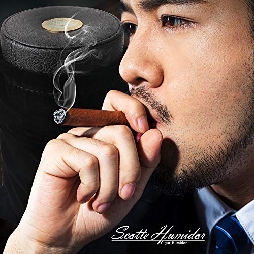 Scotte Cigar Humidor Case/Jar,Leather Cedar Wood Cigar Canister Portable For 12-16 Cigar (Black) #TOP1