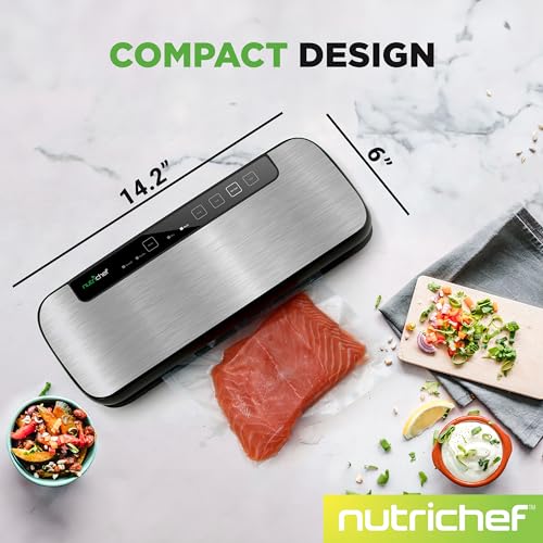 Image of NutriChef Food Vacuum Sealer Machine,Stainless Steel Automatic Air SealingSystem for Dry /Moist Food,LED Touch Control,Includes Vacuum Hose,Bag Roll & Wine Stopper,110W Suction Power,14 inchx6 inch (Pack of 4)