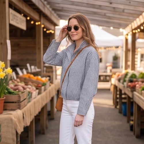 Plaid Bomber Jacket Women Oversized Cropped Funnel Neck Gingham Jacket - image 3
