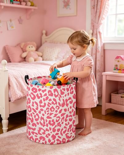Image of Pink Leopard Print Hamper,Baby Laundry Hamper,Waterproof Collapsible Baby Storage Baskets for Kid Room Decor,Clothes Organizer Basket,Gift Baskets(Pink Leopard Print)