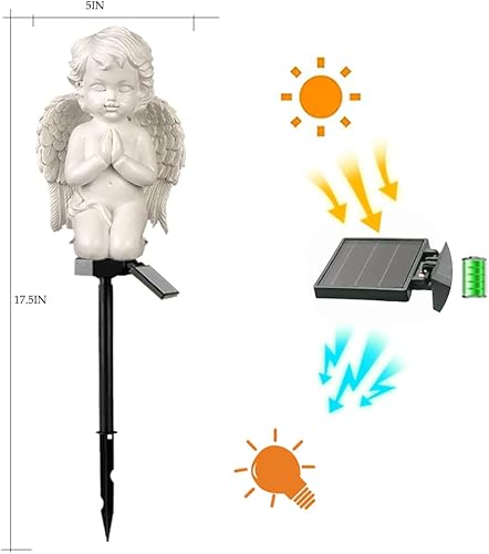 Miniatura 6 de Paquete de 2 estatuas solares de jardín de ángeles, figuras de ángel bebé con luz LED para decoración al aire libre, adornos conmemorativos para