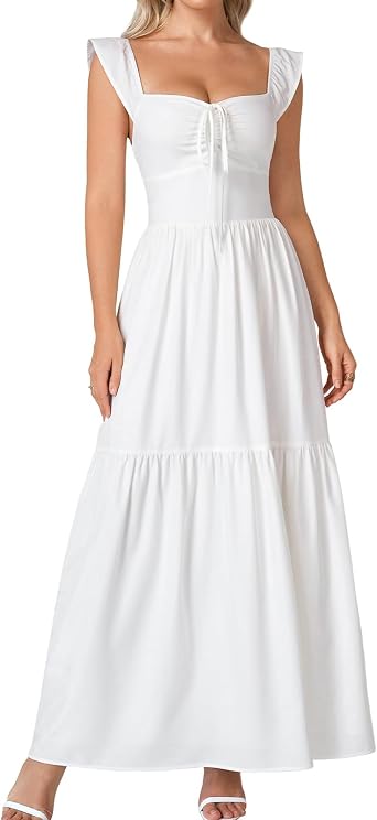 GLNEGE Womens Summer Corset Beach Wedding Guest Maxi Dress Ruffle Sleeve Flowy Boho Sundress Bow Tie Tea Party Dresses
