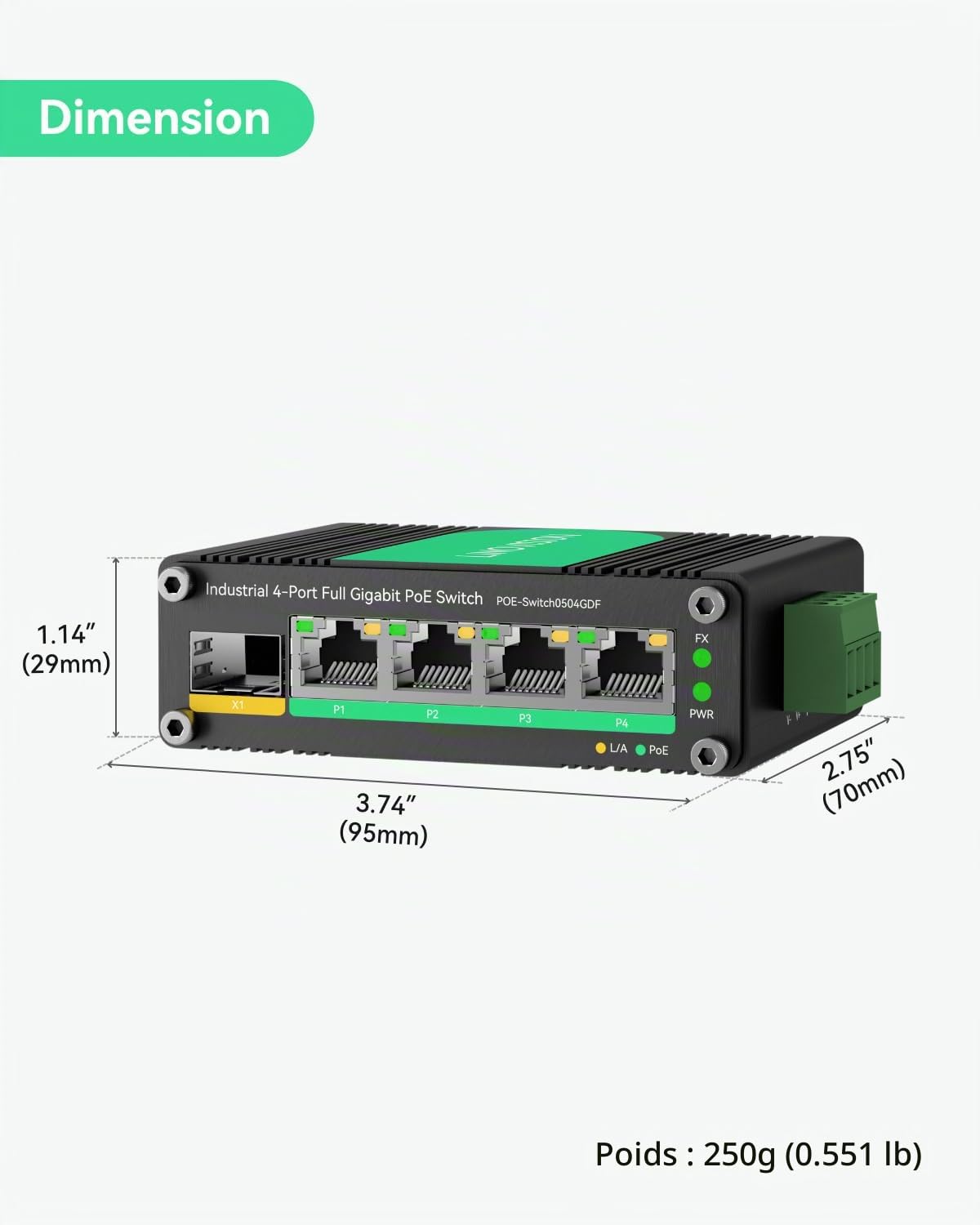 LINOVISION Switch PoE solaire industriel 4 ports Gigabit avec entrée d’alimentation redondante DC9～57V, Switch PoE 12V avec uplink SFP, conforme aux IEEE802.3af/at pour systèmes solaires/RV/phone VoIP