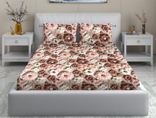 Image of DECORUM 300TC Glace Cotton Elastic Fitted King Size Bedsheet (72''X78'') with 2 Pillow Covers | Soft & Comfortable Cotton Feel | Fits Upto 8'' Mattress | Vintage Blush Floral Weave