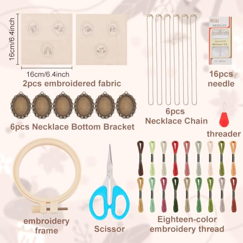Image of INFUNLY 6 Sets DIY Mushroom Necklace Embroidery Kit for Adult Beginner Embroidery Pendant Kit Mushroom Theme Embroidery Stitching Necklace Kit Cross Stitch Kits with Instructions for Women Gift