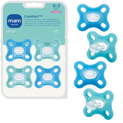 Image of MAM Comfort Baby Pacifiers, Lightweight One-Piece Full Silicone Binky for Newborns 0-3 Months, BPA-Free Nipple, Easy to Clean Pacifier, Best for Breastfed Babies, 4 Count Binkies