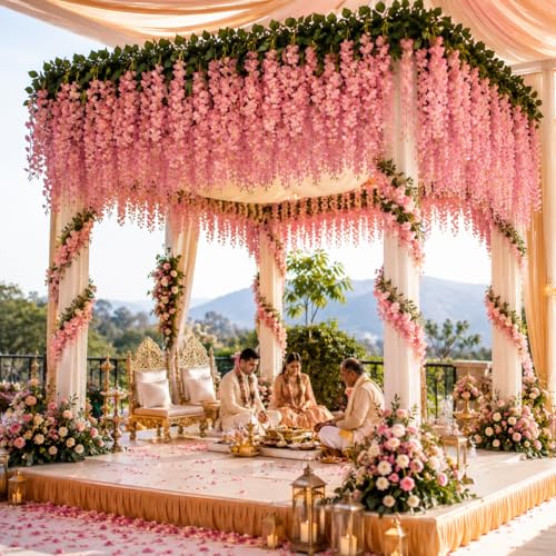 Image of Tia Crafts Artificial Hanging Flowers for Ceiling Balcony | Purple Wisteria Vine | Home Party Decor Garden Outdoor Greenery Office Wall Decoration |Waterproof Washable 3.7ft /45 Pack of 6 (Pink, 6)