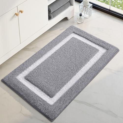 Image of Color&Geometry Mini Gray Bathroom Rugs 24x16, Extra Soft Absorbent Microfiber Bath Rug, Non-Slip Bathroom mat, Washable Plush Bath Mats for Bathroom, Shower, Bathtub, Laundry, Light Grey and White