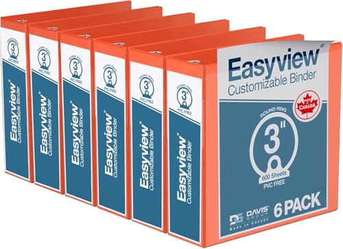 Image of Easyview 3-Ring Binder, Clear-View Cover, 3 inch Round Rings, Orange, 6 Pack | Heavy-duty binder, fits 8.5 inch x 11 inch paper, customizable cover, made in Canada, ideal for school or office use