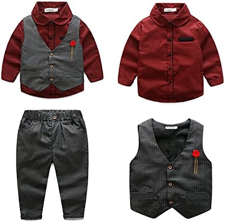 Kimocat Boys 3Pcs Clothing Sets Elegant Long Sleeve Shirts + Vest with Flower+Pants Party Suit (Red, 2-3Y(100#))