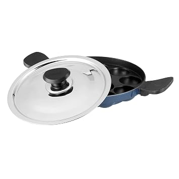 Vinod Zest Non-Stick 3 Layered Coating 12 Pits Round Paniyarakkal with Stainless Steel Lid/Soft Touch Handle / 3mm Thickness - 12 Months Warranty (Gas Stove Compatible)