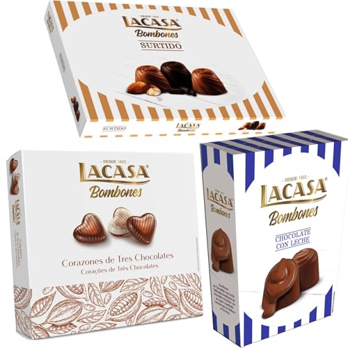 Pack Lacasa bombones chocolate con leche 72 G & bombones surtido 95 G & bombones corazón tres chocolates 200 g