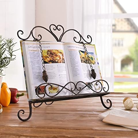 Westcharm Holiday Gift - Antique Metal Kitchen Cookbook Stand, Recipe Book Holder, iPad Holder, Cookery Book Easel with Weighted Chains, Rustic Dark Brown Cover