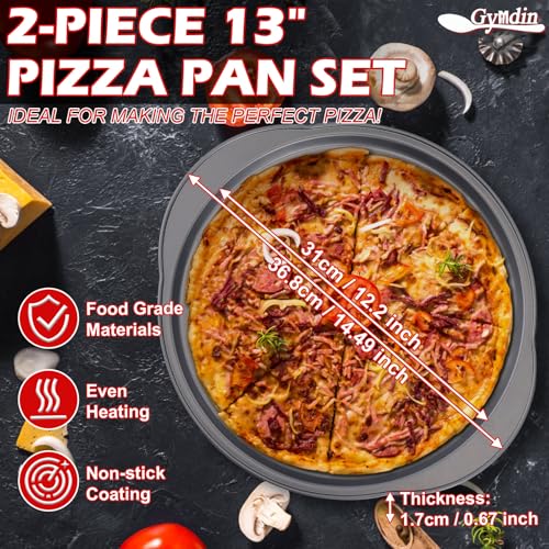 Gymdin Pizza Pan for Oven - 13\" Round Pizza Pans with Holes(2 Pack), Non-stick Carbon Steel Pizza Trays with Handle, Easy to Clean & Oven Safe